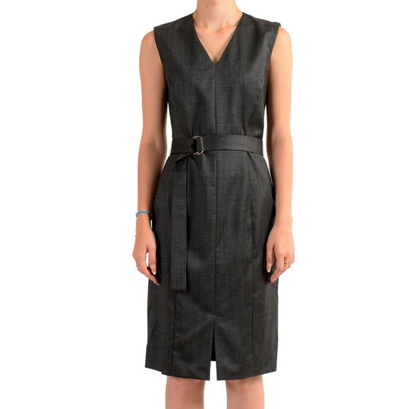Hugo Boss Women's "Decapolis" Gray 100% Wool Belted Pencil Sleeveless Dress - Picture 1 of 6